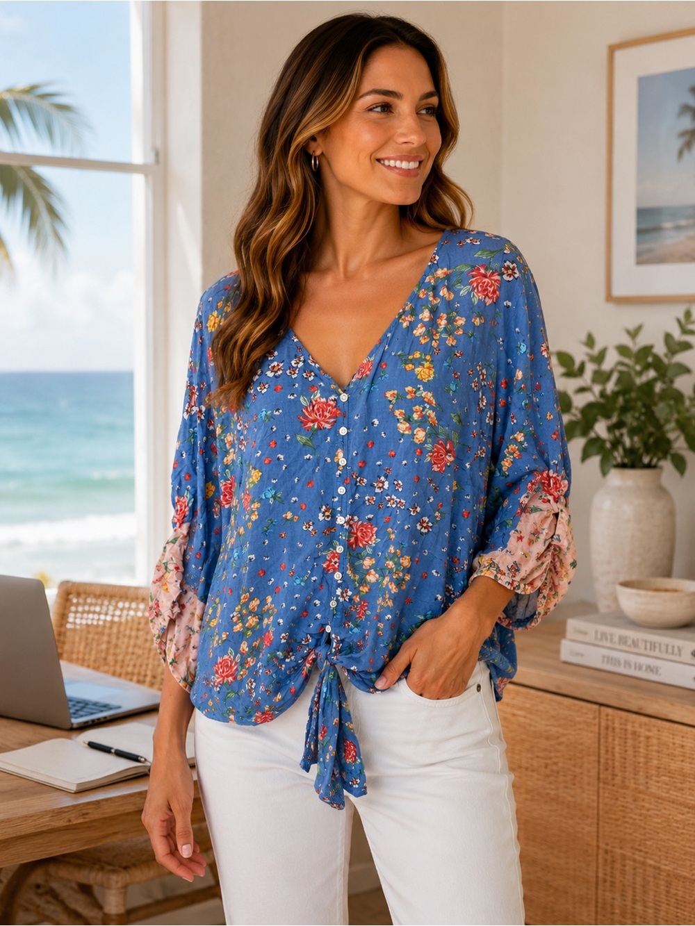 Democracy Blue Floral Tie Front Boho Peasant Blouse Top XL Cottagecore Soft